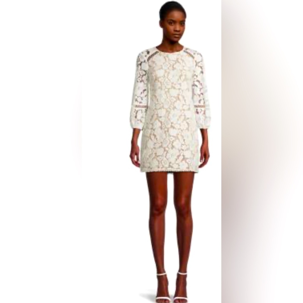 NWT Vince Camuto 3/4 Sleeves Embroidered White Lace Over Nude Mini Shift Dress
